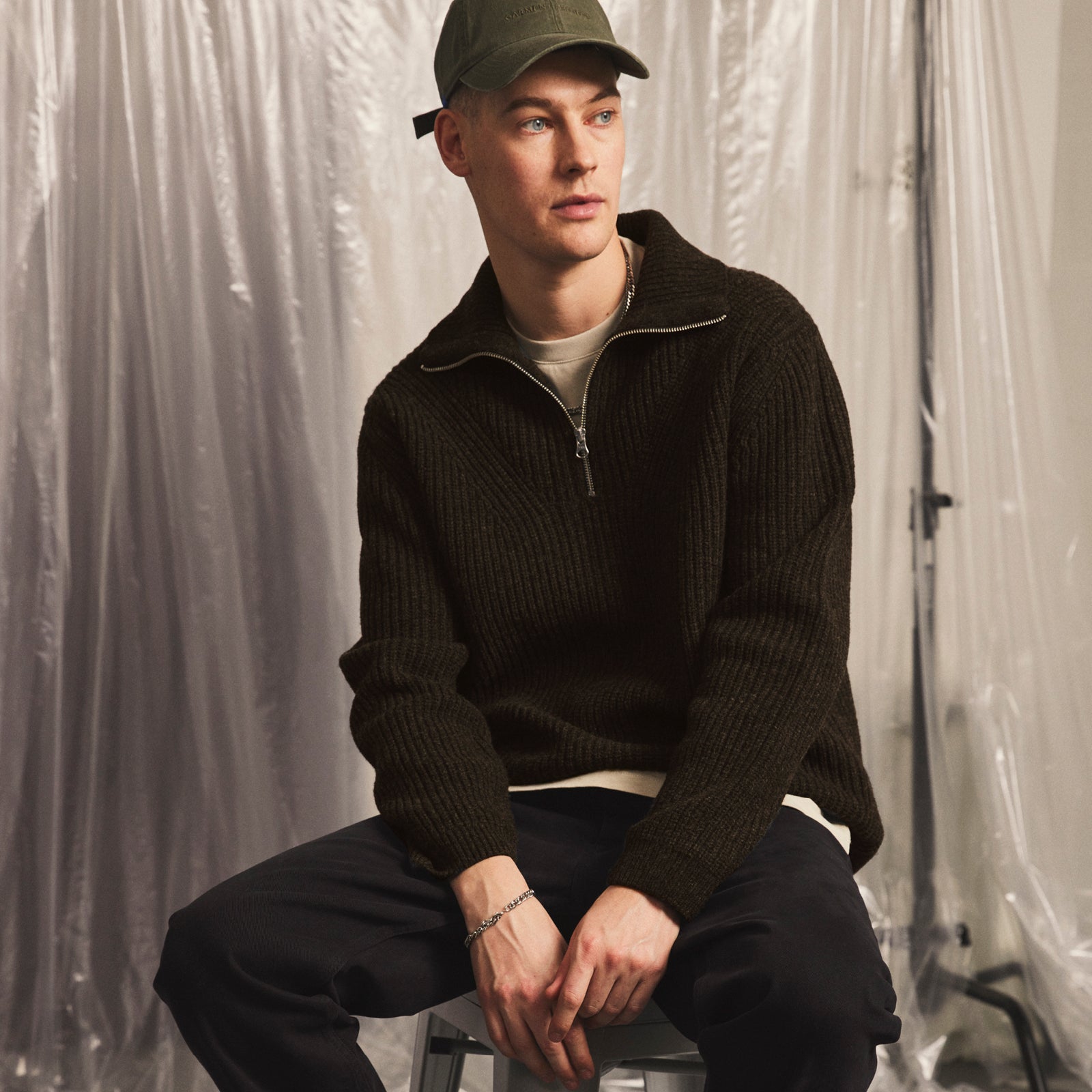 GARMENT PROJECT MAN Half Zip Wool Knit - Dark Taupe Melange Knit 140 Taupe
