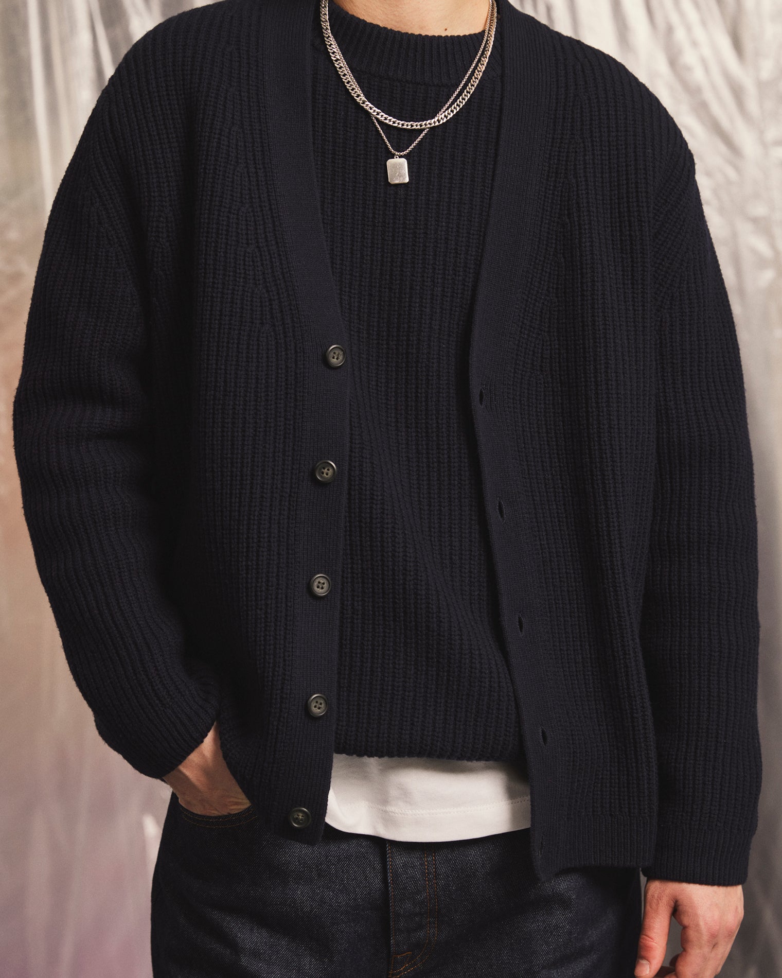 GARMENT PROJECT MAN Wool Knit Cardigan - Navy Knit 500 Navy