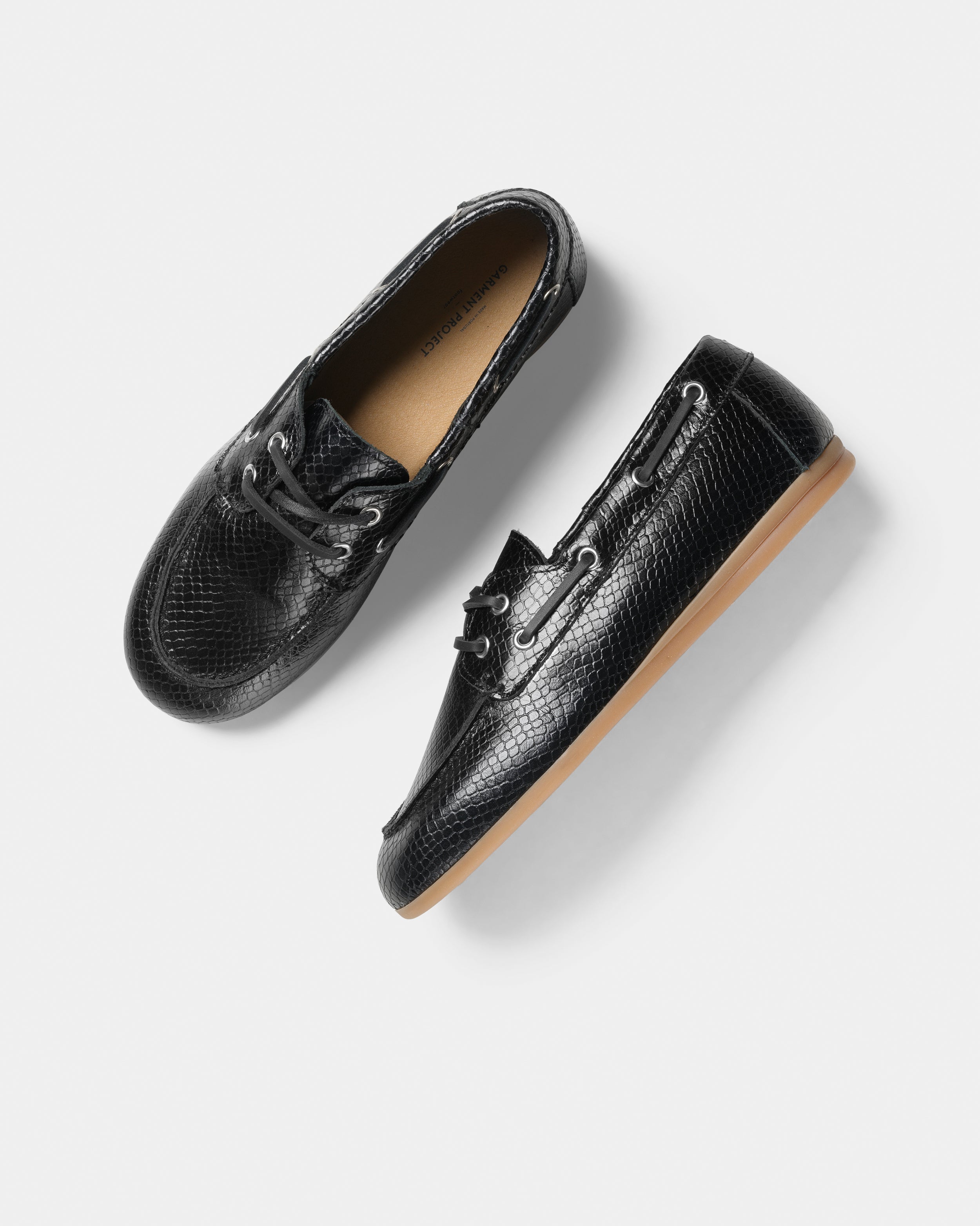GARMENT PROJECT WMNS Daisy Boat Shoe - Black Snake Leather Shoes 999 Black