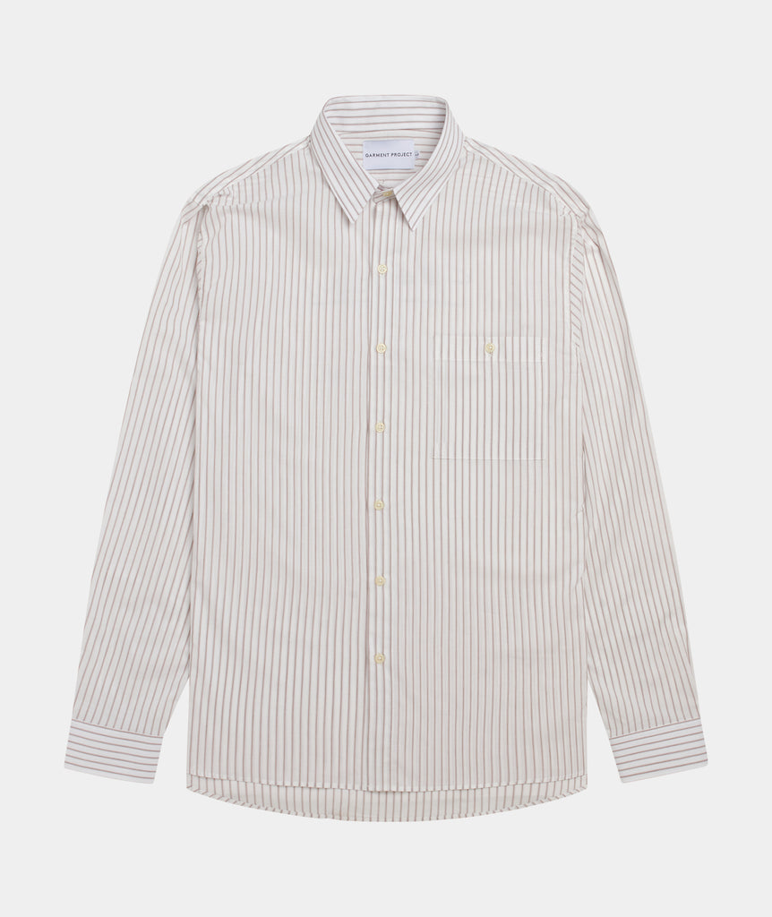 GARMENT PROJECT MAN Striped Shirt L/S - White/Brown Shirt 800 Brown